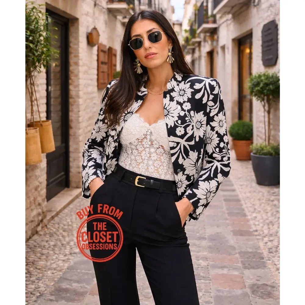 Zara NWT Black White Floral Jacquard Structured Blazer M